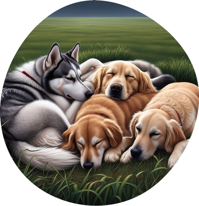 Golden retriever, husky e outros cachorros dormindo